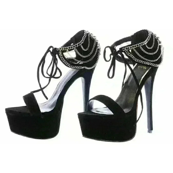 Scene Amorita Draped Chain-Link, Delicately Strapped Black Platform Sandal NIB - Picture 4 of 6